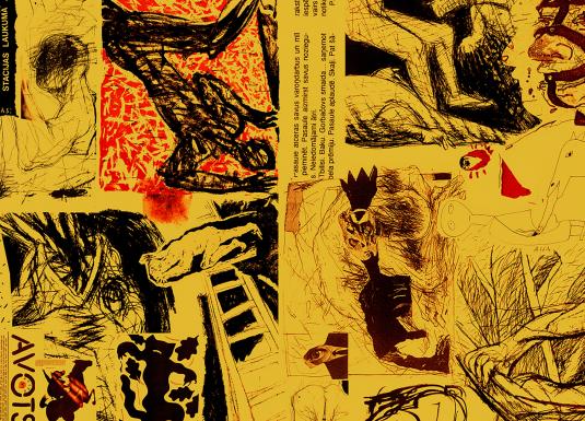 Kolāža ar avangarda zīmējumiem, uzrakstiem un simboliem dzeltenā un sarkanā gammā, atspoguļojot radošo brīvību.