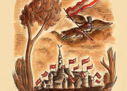 Niklāva Strunkes ilustrācija ar eņģeli, kas nes Latvijas karogu virs pilsētas torņiem, kas rotāti sarkanbaltsarkaniem karogiem, ar uzrakstu “1918 Dzenim”.