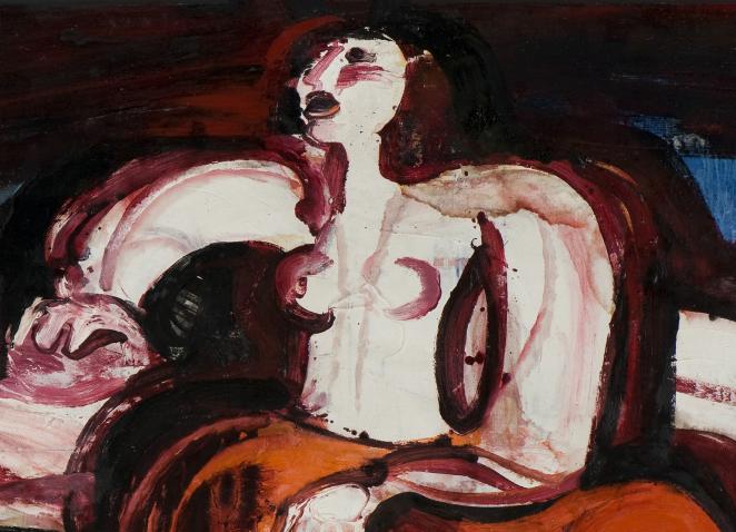 Eļļas gleznojumā attēlota abstraktai attēlota dziedoša sieviete.