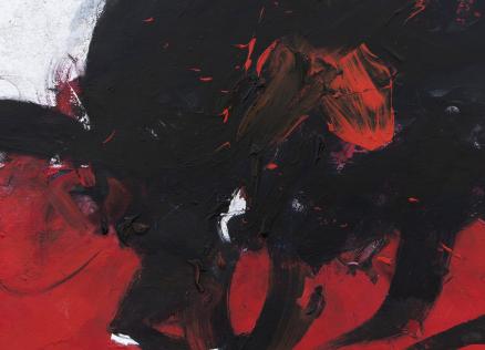 Abstrakta glezna ar spēcīgiem melniem un sarkaniem triepieniem, kas rada intensīvu kustības un spriedzes sajūtu.