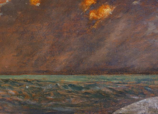 Mākslas darbs ar cilvēku, kas stāv jūras malā.